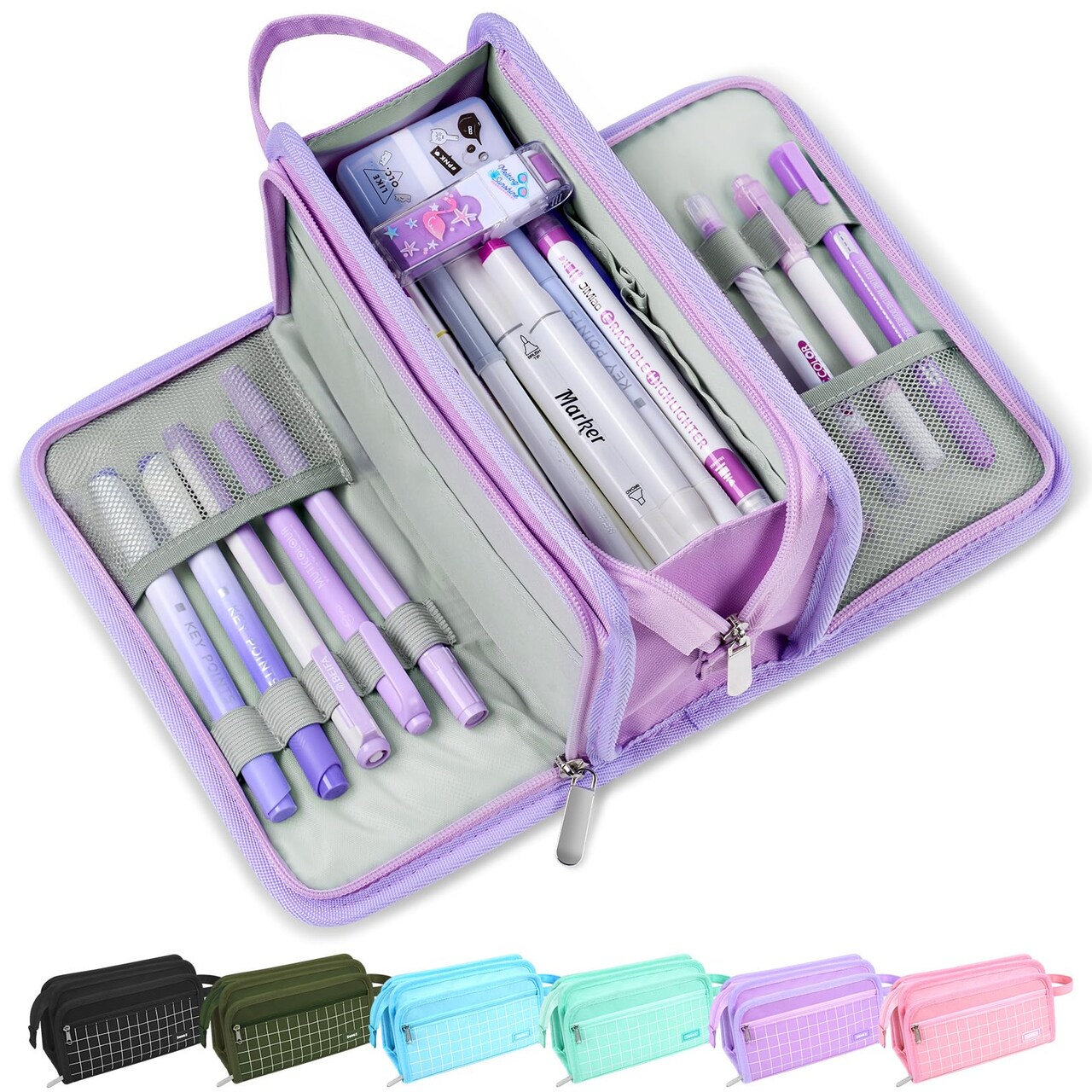 Sooez Large Pencil Case, Big Capacity Pencil Pouch Pen Bag with 3 Compartment, Portable Canvas Stationery Organizer with Zipper, Cute Aesthetic School Supplies for Teen Girls, Purple with Plaid